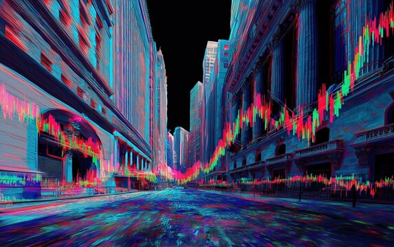 A vibrant, abstract depiction of a financial district street, with buildings and roads transformed into glowing stock market candlestick charts.