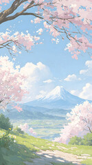 桜 さくら 木 花びら 咲く 公園 山 やま ふじ 富士山 富士 はる 春 日本 アニメ风 背景 壁紙