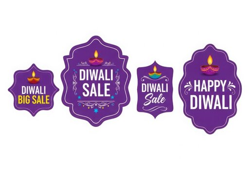 Four purple Diwali sale and celebration labels with diya lamps happy festival