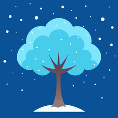 Stylized blue tree in falling snow