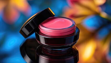 Pink lip balm in black jar, open lid