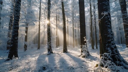 The image shows a serene winter forest bathed in soft, golden sunlight. Tall trees covered with a light layer of snow stand in neat rows, casting long shadows across the snow-covered ground. Rays of s