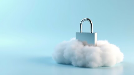 Photorealistic composition featuring a sleek silver lock perched on a fluffy white cloud against a clear blue sky. Concept of data protection, cloud computing security and corporate cybersecurity