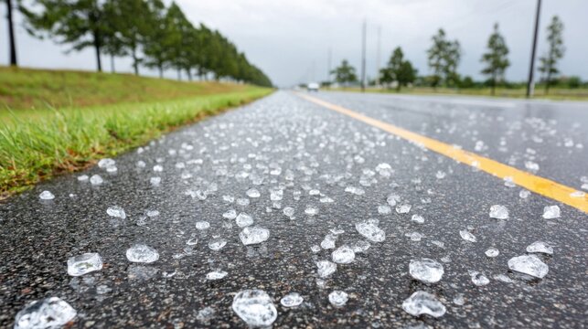 Close-up of hailstones on wet asphalt road, blurred background of trees and vehicles.