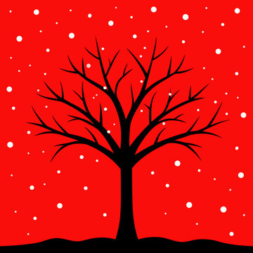 Black silhouette tree with falling snow on red background