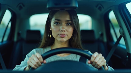 Confident young woman driving a car. Happy brunette driving a car with a seat belt, independent lifestyle, conscious life, modern travel