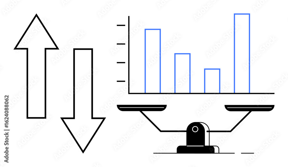 Poster bar chart on a balance scale with arrows symbolizing analysis, comparison, and fluctuation. ideal fo