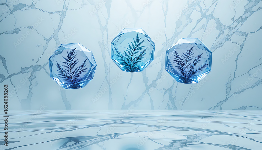Poster Three translucent blue crystal shards with intricate fern leaf patterns suspended in mid air against a softly lit marbled background with a reflective surface below