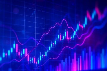 Vibrant and dynamic financial chart with fluctuating data trends in neon blue and hot pink tones.