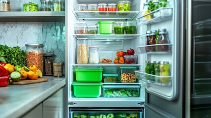 Organized refrigerator interior featuring labeled containers and fresh ingredients neatly arranged on clean shelves, symbolizing smart food storage, meal planning,modern kitchen hygiene safety concept