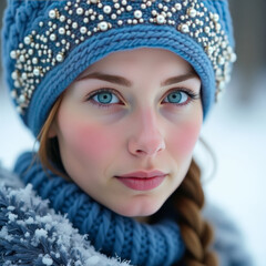 Beautiful girl in Russian winter outfit with embroidered hat standing in snowy forest