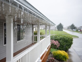 Rainwater drips from a gutter along a covered porch, heavy rainfall creates a blurry backdrop of greenery, street, and sky.