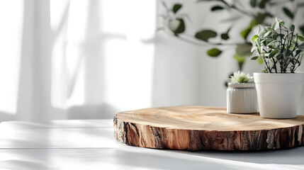 Natural Wooden Slice Centerpiece with Indoor Plants in Sunlit Room

