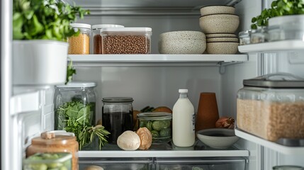Organized refrigerator interior featuring labeled containers and fresh ingredients neatly arranged on clean shelves, symbolizing smart food storage, meal planning,modern kitchen hygiene safety concept