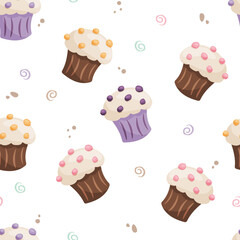 Seamless pattern featuring various cupcakes with white frosting and colorful sprinkles, scattered on a white background with decorative swirls and dots. Ideal for bakery, dessert and sweet food themes