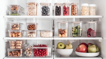 Organized refrigerator interior featuring labeled containers and fresh ingredients neatly arranged on clean shelves, symbolizing smart food storage, meal planning,modern kitchen hygiene safety concept