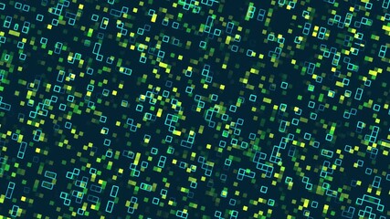 Green yellow neon squares rotating on dark video background, create glowing dynamic digitlal pattern for futuristic, technology, code, scifi, signal, internet animation motion design