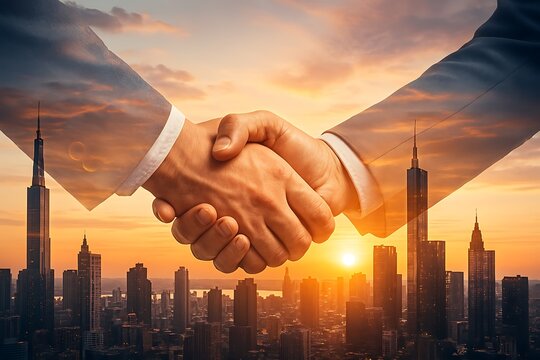 Two professionals shake hands in agreement over an expansive, warmly lit urban cityscape skyline.