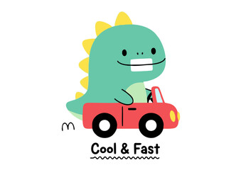Adorable Cartoon Dinosaur Driving a Red Car with Yellow Accents Smiling.
