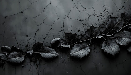 Dark and moody close up of wilted black leaves and twigs on a textured grungy surface with splatters
