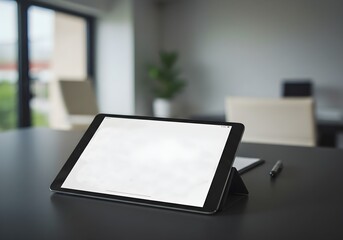 Digital tablet with blank white screen on black office desk, blurred background, minimal workspace for business planning, tech presentation, financial analytics, monthly expenses
