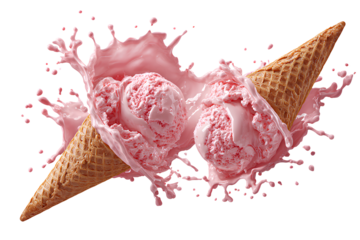  Pink ice cream cones melting and splashing, on a white background