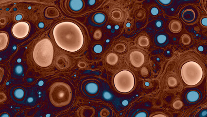 Psychedelic liquid pattern with brown and blue organic spots. Abstract trippy background with retro vibes. Ideal for music posters, design templates, or digital art projects. Seamless texture