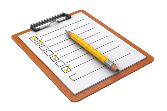 A clipboard with a checklist and a yellow pencil