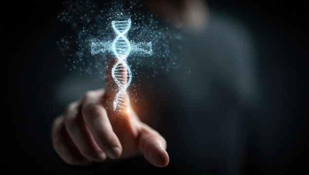 A hand hovers over a projected DNA helix, glowing with light particles