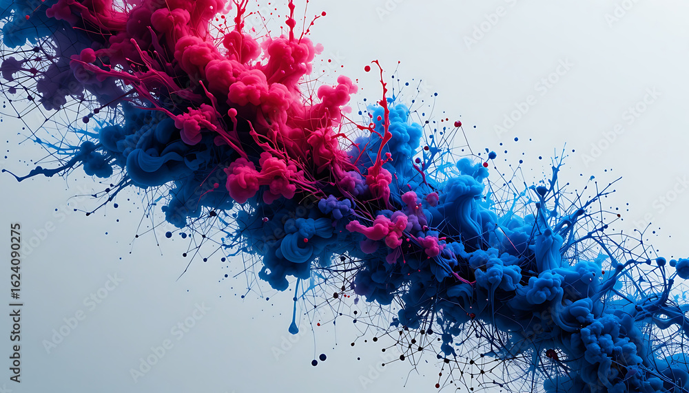Poster vibrant streams of red and blue ink swirling and exploding in water creating abstract artistic patte