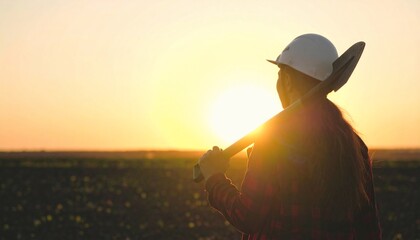 Female Farmer's Silhouette with Shovel Gazing at a Radiant Golden Hour Sunset