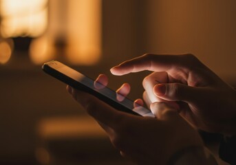 Close up of hands using a smartphone in a dimly lit room with warm ambient lighting
