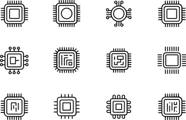 Collection of hand drawn microchip icons representing various integrated circuit designs