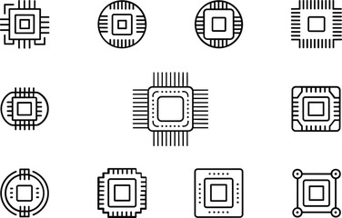 Collection of stylized black and white icons representing various computer microprocessors and chips
