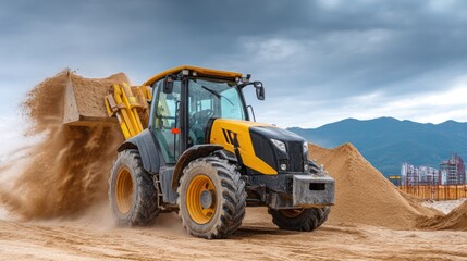 A yellow and black front loader with a bucket full of dirt, moving sand on a construction site with mountains in the background.