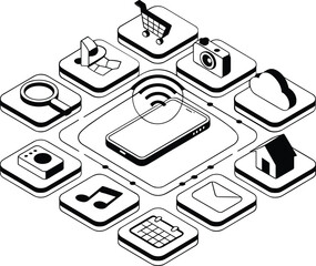 Connected devices and digital services organized around a central smartphone in an isometric illustration