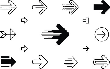Collection of diverse arrow icons illustrating various directions and styles for digital interfaces