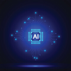 Glowing AI Processor Chip with Futuristic Circuit Design Background