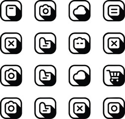 Collection of hand drawn black and white square icons with shadow effects