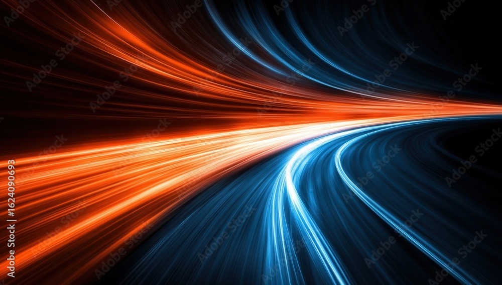 Poster a vibrant abstract image featuring dynamic streaks of blue and orange light, creating a sense of mov