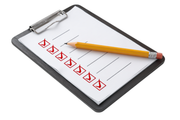 A clipboard holding a checklist with red checkmarks and a yellow pencil