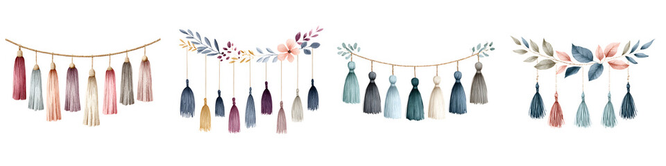 Watercolor Tassel Garlands Set: Boho Chic Home Decor on White