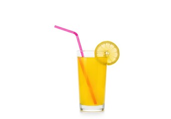 Yellow juice with lemon slice pink straw isolated on white background