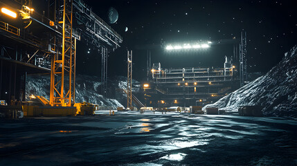 A futuristic industrial interior with machinery and reflective surfaces under dim lighting.