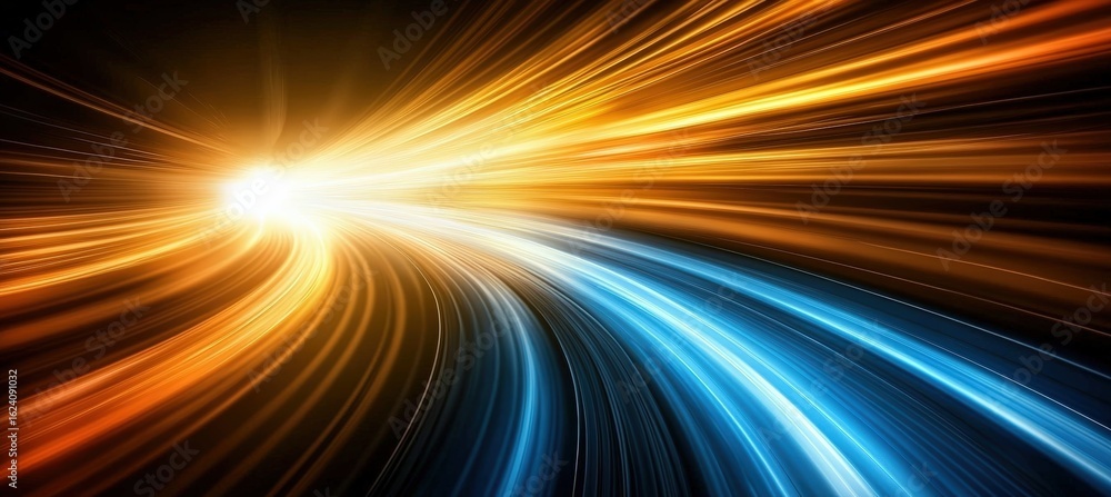 Poster a vibrant abstract image showcasing dynamic light trails in blue and orange, creating a sense of spe
