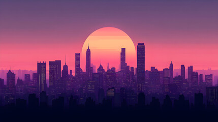 Silhouette of a city skyline against a vibrant sunset sky.