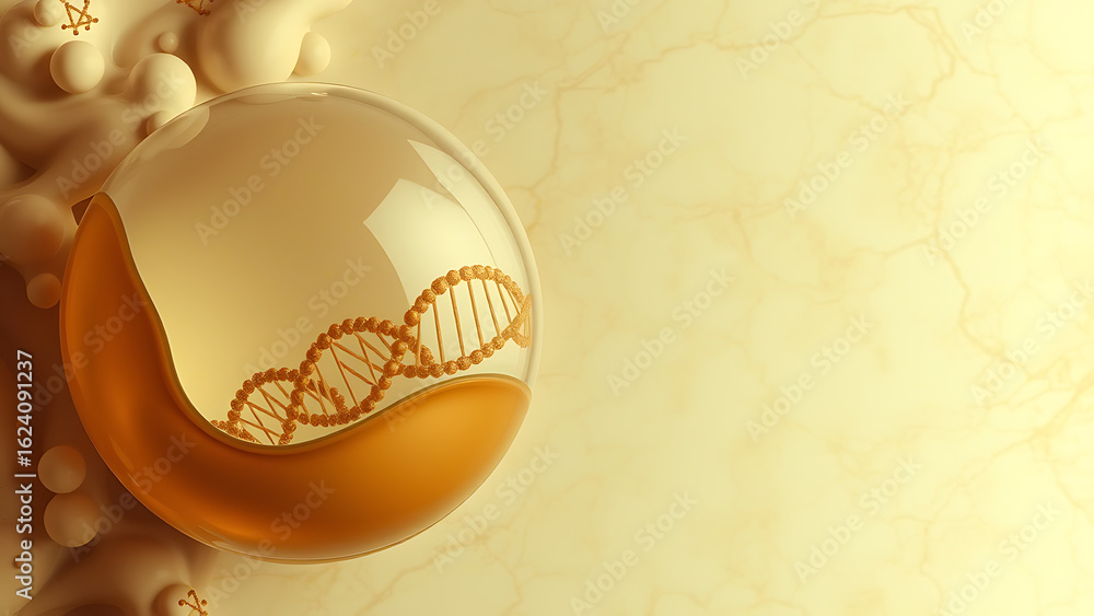 Poster close up of a clear droplet containing a glowing dna helix symbolizing genetic research biotechnolog