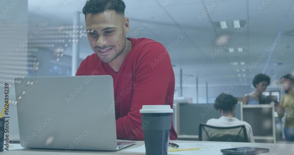 Poster engineer in office typing code on console run and verifying output while overlaying code snippets