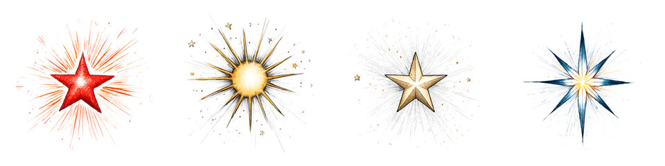 Fototapeta premium Set of Four Colorful Star Illustrations with Rays