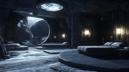 Futuristic interior with beds and a large circular window or display.
